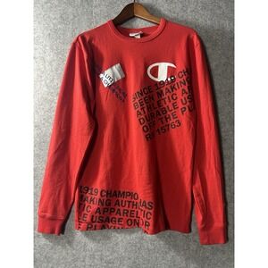 Champion Men's Medium Red Long Sleeve T-Shirt Wraparound All over Logo Patch